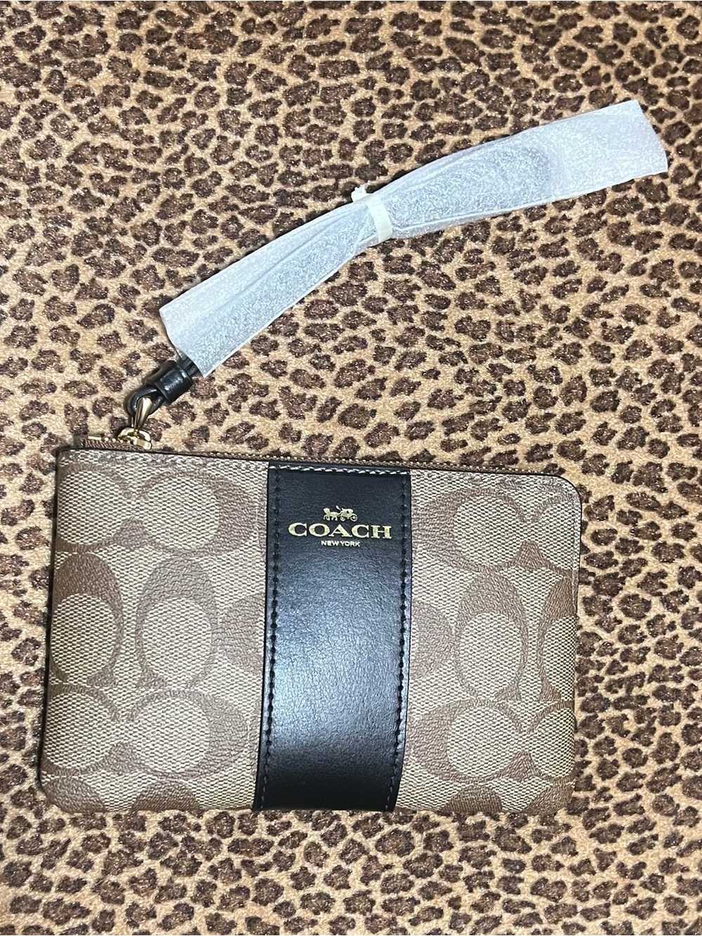 Coach Brown Signature Zip Wristlet with Black Center Stripe NWT